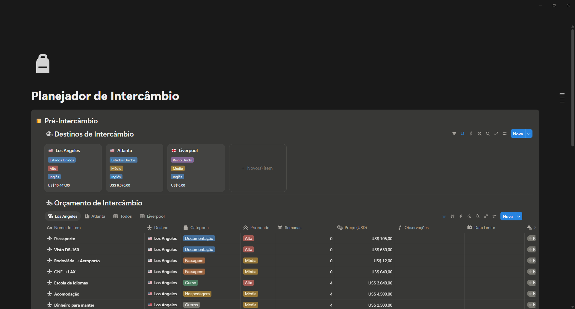 Prévia do template Planejador de Intercâmbio Pro
